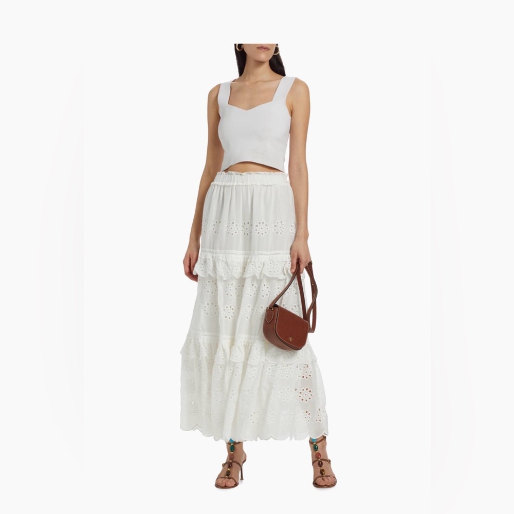 Farm Rio Women’s White Eyelet Tiered 100% Cotton Maxi Skirt, Off White, XS, NWT